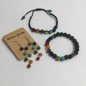 Chakra Bracelets Earrings LOT Healing Balance Lava Bead Stone for Oils Yoga Boho